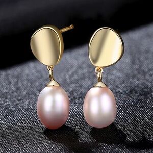 •High-End Quality|Design 925 Silver Freshwater Pearl Gold Plated Dangle Earrings